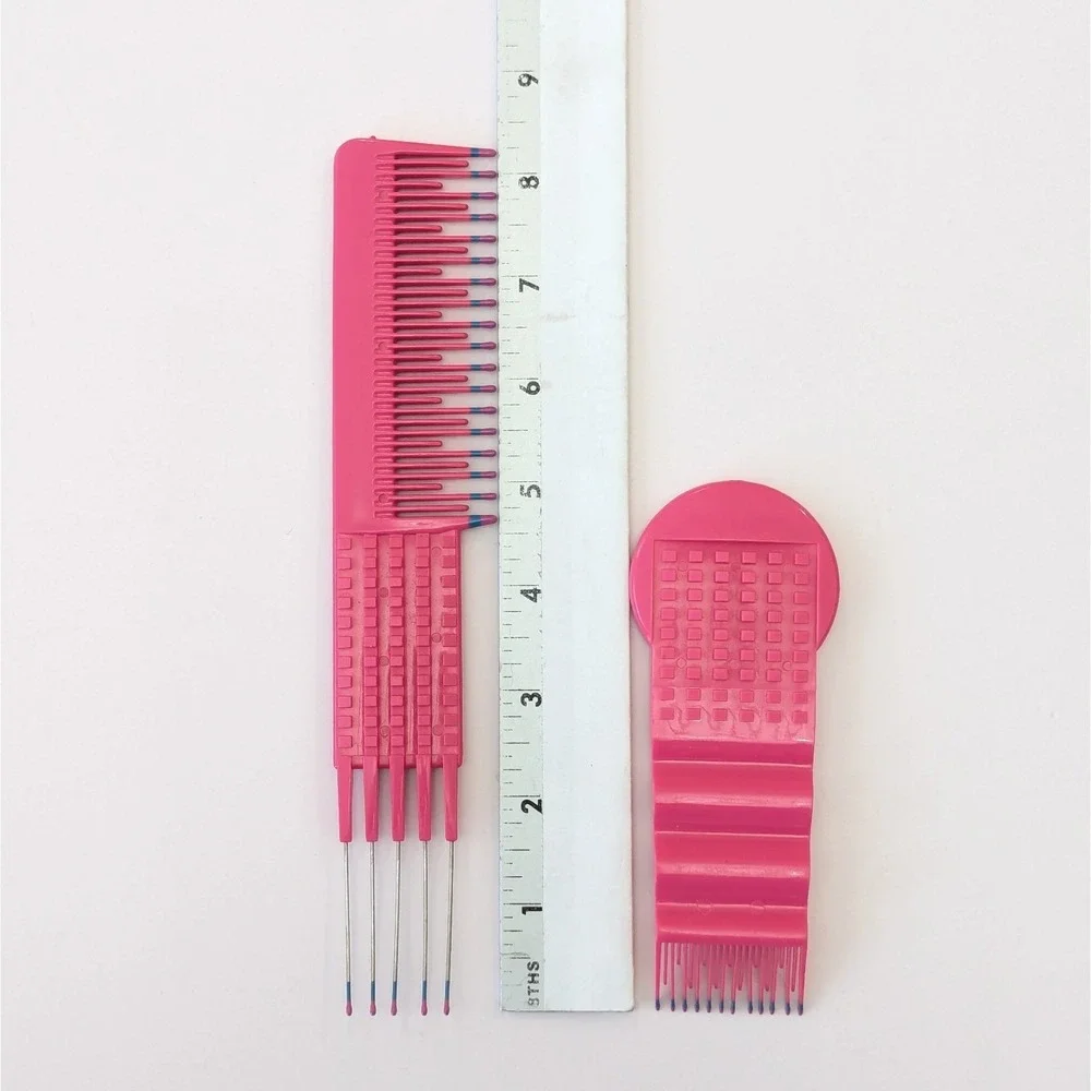 Mebco Set Of 2 Pink Plastic Comb Hair Pick Color Dip Tip Flipside & Micro Vtg